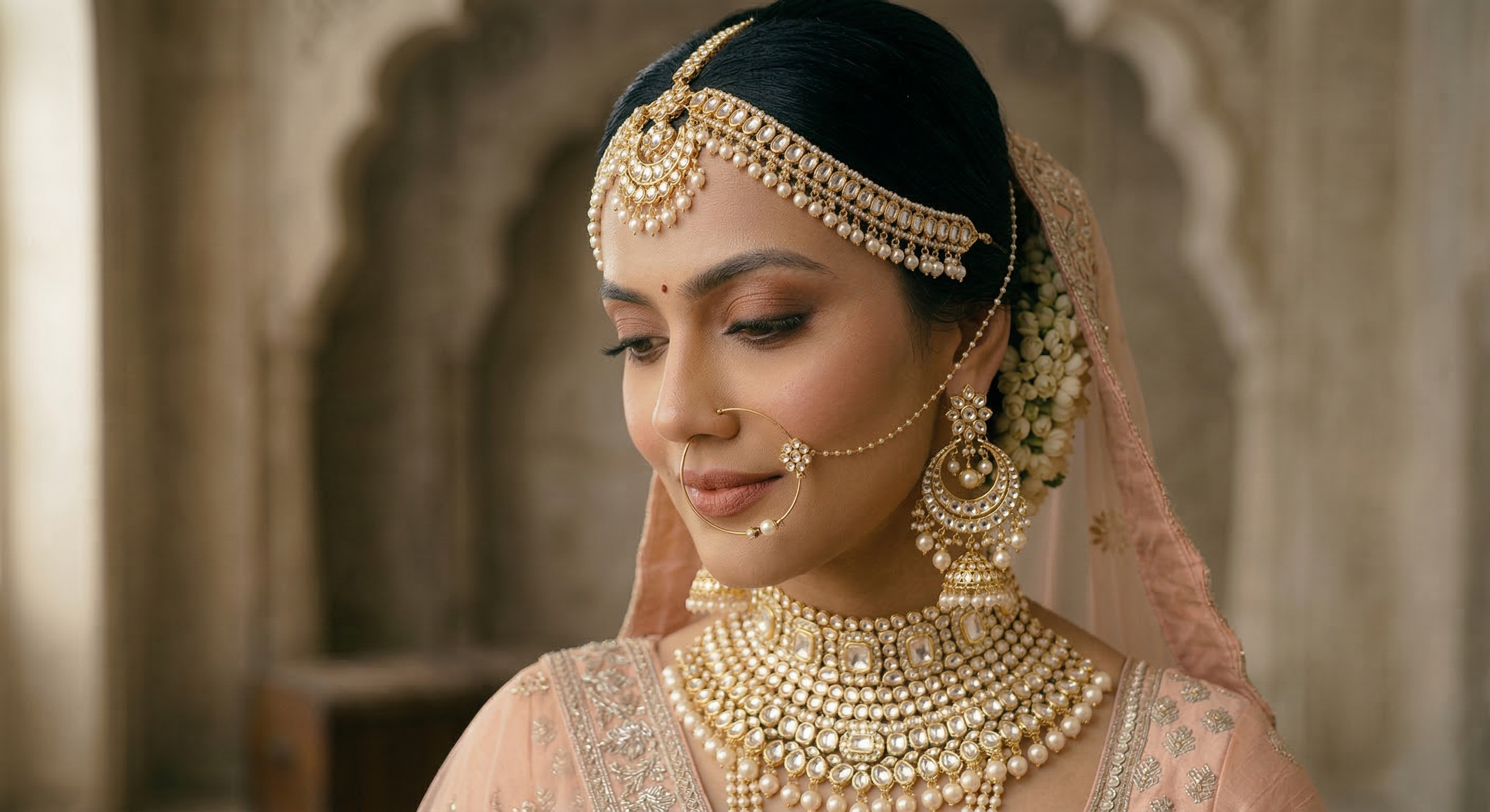 kundan necklace styling with lehenga