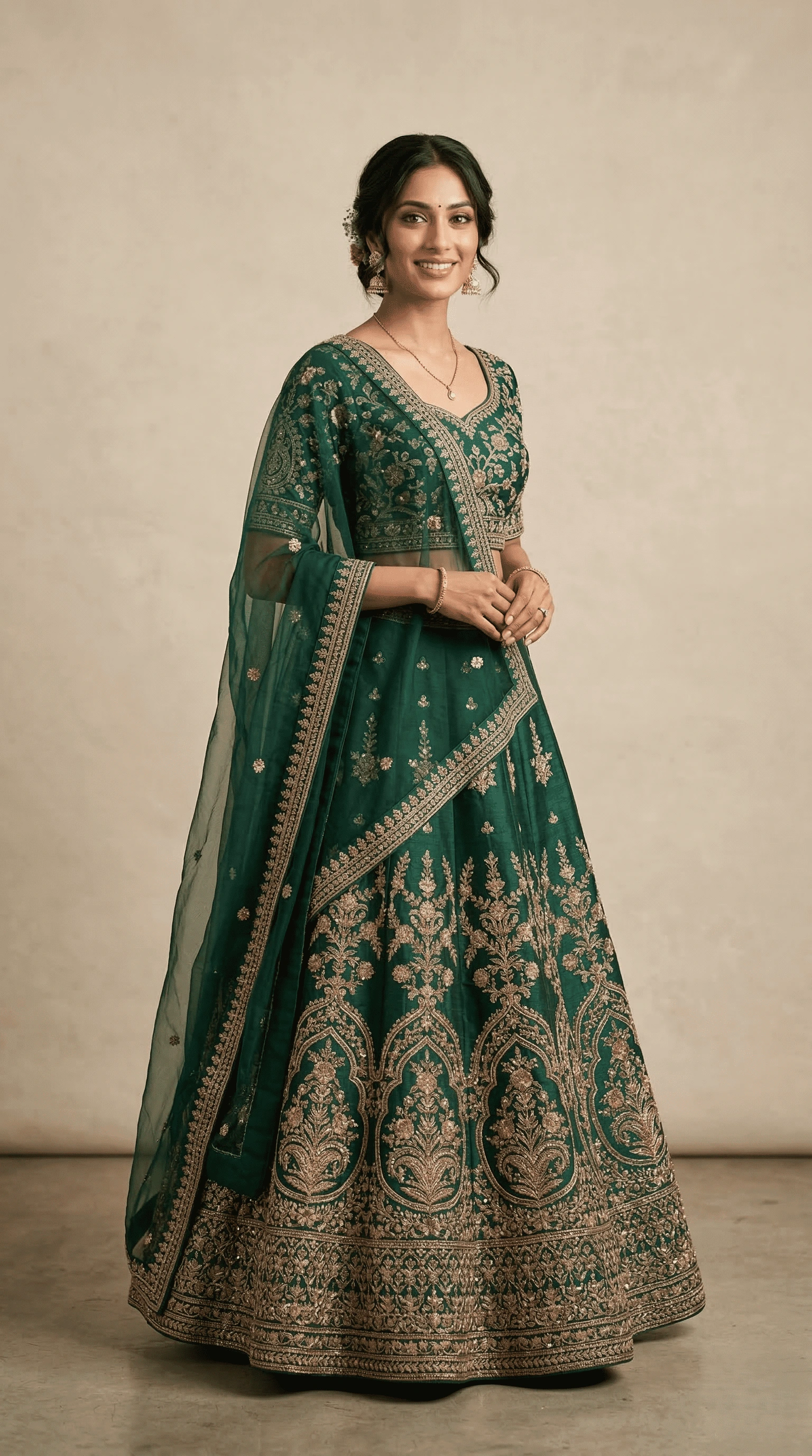 Model wearing an emerald green bridal lehenga with gold work