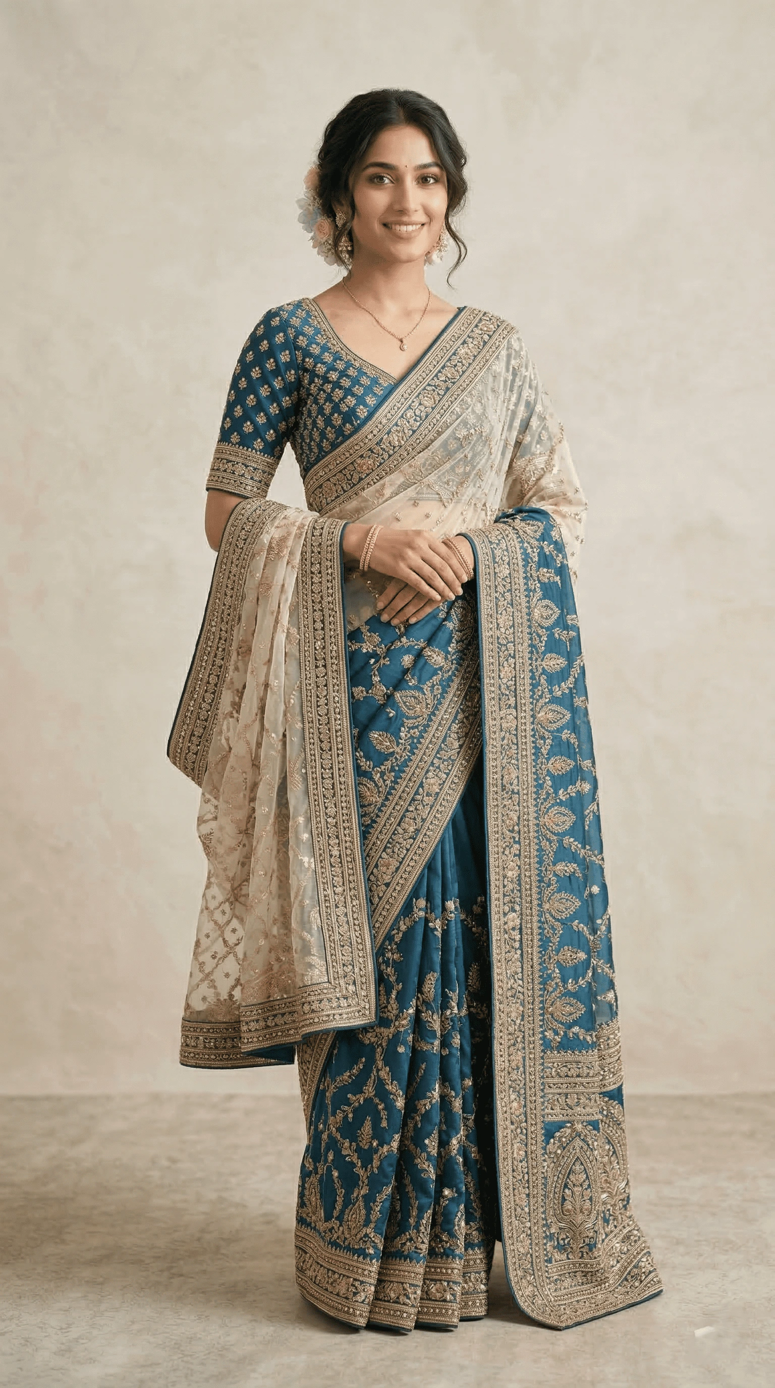 Model wearing a teal embroidered saree with a gold border